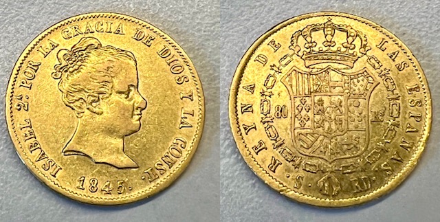 Spagna, Isabella II, 80 Reales 1845 BB+